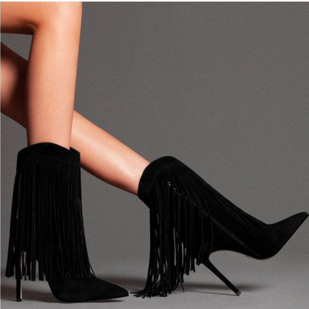Vintage Newport News Black Suede Fringed‎ Boots Size 7 B13